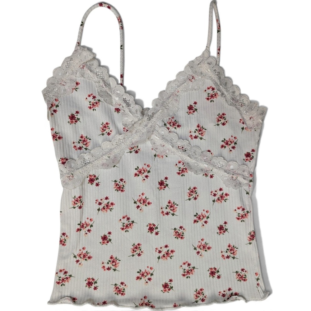 Wild Love Womens Cami Small Floral Lace Trim Ribbed Lettuce Hem White